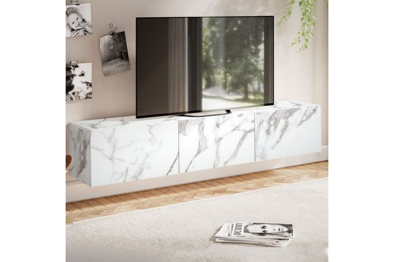 Lowboard Wohnling Folierad upphängning med luckdörr, modern Marmor, Vit, 160 cm - Marmor, Vit, 160 cm - Möbler - Tv möbel & mediamöbel - TV hylla