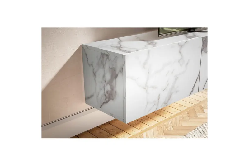 Lowboard Wohnling Folierad upphängning med luckdörr, modern Marmor, Vit, 160 cm - Marmor, Vit, 160 cm - Möbler - Tv möbel & mediamöbel - TV hylla
