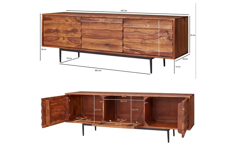 Lowboard Wohnling Massivt trä med förvaring, 3 dörrar, lantlig stil - Möbler - Tv möbel & mediamöbel - TV skåp