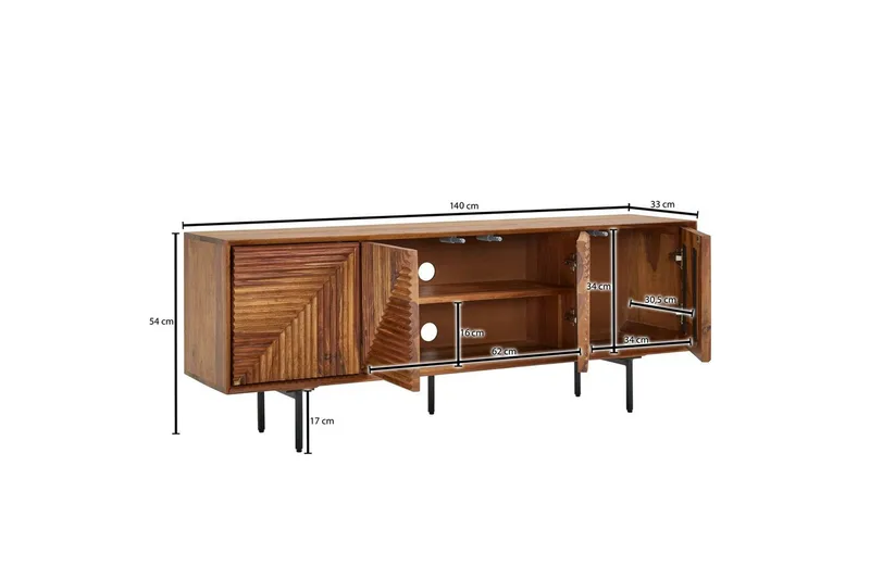 Lowboard Wohnling Massivt trä med förvaring, 4 dörrar, tryck för att öppna, lantlig stil - Möbler - Tv möbel & mediamöbel - TV bänk & mediabänk