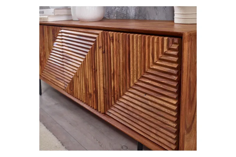 Lowboard Wohnling Massivt trä med förvaring, 4 dörrar, tryck för att öppna, lantlig stil - Möbler - Tv möbel & mediamöbel - TV bänk & mediabänk