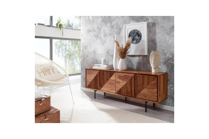 Lowboard Wohnling Massivt trä med förvaring, 4 dörrar, tryck för att öppna, lantlig stil - Möbler - Tv möbel & mediamöbel - TV bänk & mediabänk