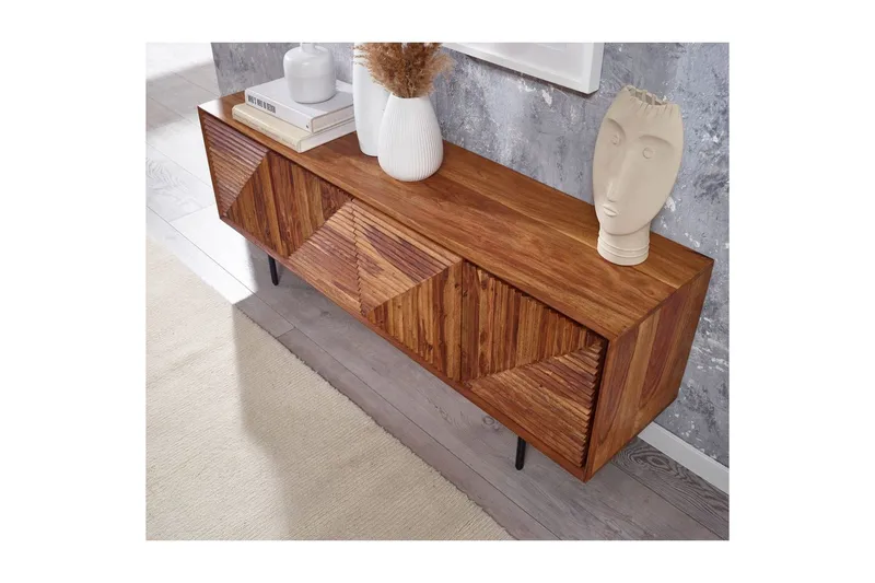 Lowboard Wohnling Massivt trä med förvaring, 4 dörrar, tryck för att öppna, lantlig stil - Möbler - Tv möbel & mediamöbel - TV bänk & mediabänk