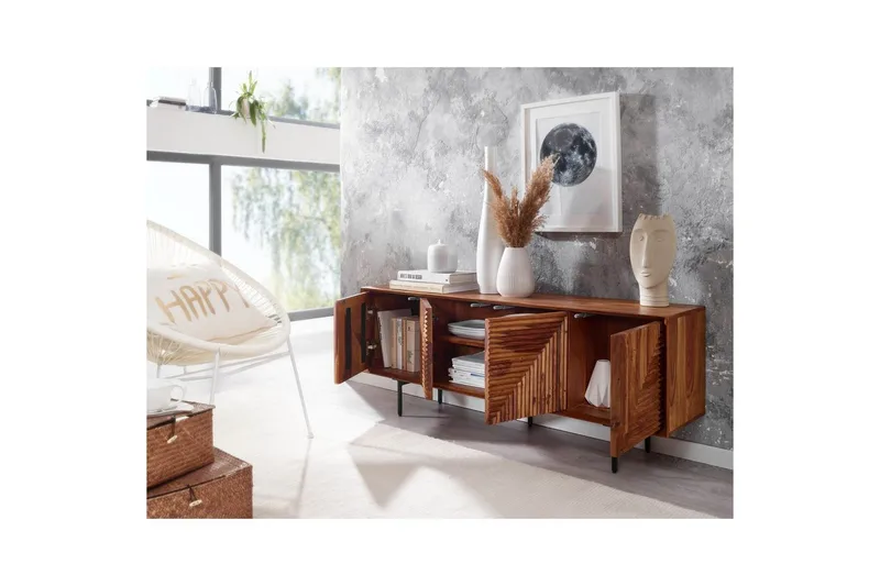 Lowboard Wohnling Massivt trä med förvaring, 4 dörrar, tryck för att öppna, lantlig stil - Möbler - Tv möbel & mediamöbel - TV bänk & mediabänk