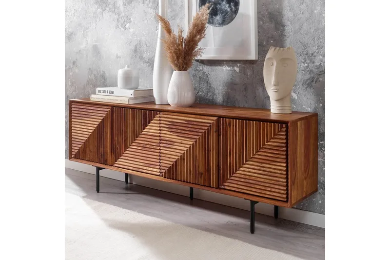 Lowboard Wohnling Massivt trä med förvaring, 4 dörrar, tryck för att öppna, lantlig stil - Möbler - Tv möbel & mediamöbel - TV bänk & mediabänk