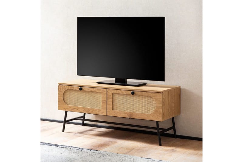 Lowboard Wohnling Melaminbelagd MDF-ekoptik, rottingfront, 2 lådor, metallben Modern - Möbler - Tv möbel & mediamöbel - TV skåp