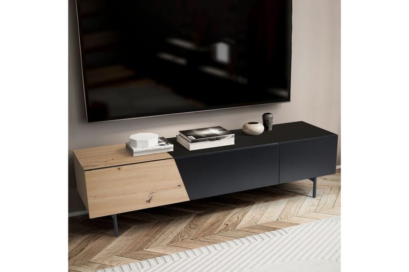 Lowboard Wohnling modernt spånskiva, 1 låda och 1 fällbar dörr, metallben, modern stil Svart, Ek - Svart, Ek - Möbler - Tv möbel & mediamöbel - Mediastativ & väggfäste