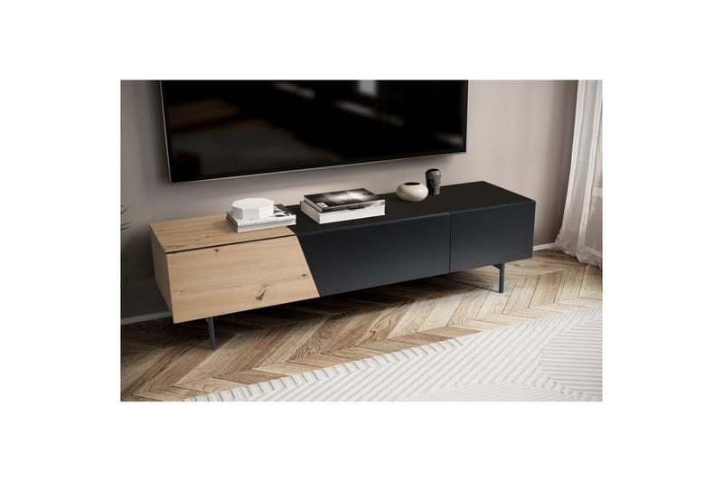 Lowboard Wohnling modernt spånskiva, 1 låda och 1 fällbar dörr, metallben, modern stil Svart, Ek - Svart, Ek - Möbler - Tv möbel & mediamöbel - Mediastativ & väggfäste