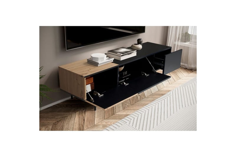 Lowboard Wohnling modernt spånskiva, 1 låda och 1 fällbar dörr, metallben, modern stil Svart, Ek - Svart, Ek - Möbler - Tv möbel & mediamöbel - Mediastativ & väggfäste