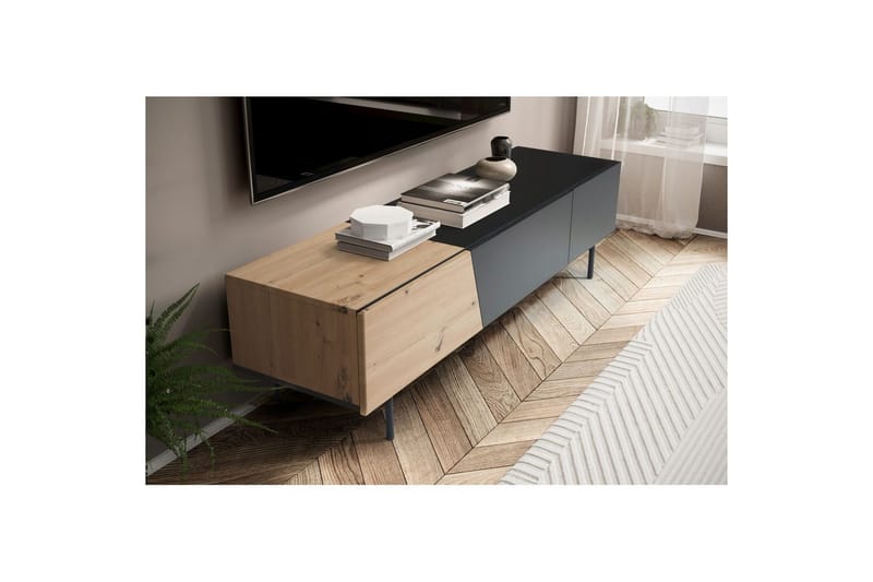 Lowboard Wohnling modernt spånskiva, 1 låda och 1 fällbar dörr, metallben, modern stil Svart, Ek - Svart, Ek - Möbler - Tv möbel & mediamöbel - Mediastativ & väggfäste