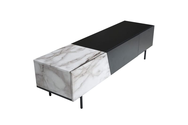Lowboard Wohnling modernt spånskiva, 1 låda och 1 fällbar dörr, metallben, modern stil Svart, marmor vit - Svart, marmor vit - Möbler - Tv möbel & mediamöbel - Mediastativ & väggfäste