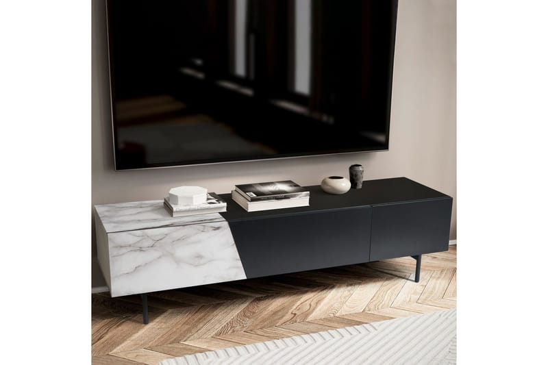 Lowboard Wohnling modernt spånskiva, 1 låda och 1 fällbar dörr, metallben, modern stil Svart, marmor vit - Svart, marmor vit - Möbler - Tv möbel & mediamöbel - Mediastativ & väggfäste