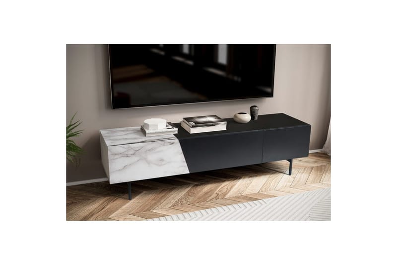 Lowboard Wohnling modernt spånskiva, 1 låda och 1 fällbar dörr, metallben, modern stil Svart, marmor vit - Svart, marmor vit - Möbler - Tv möbel & mediamöbel - Mediastativ & väggfäste
