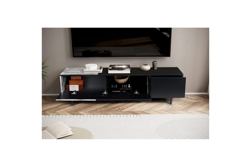 Lowboard Wohnling modernt spånskiva, 1 låda och 1 fällbar dörr, metallben, modern stil Svart, marmor vit - Svart, marmor vit - Möbler - Tv möbel & mediamöbel - Mediastativ & väggfäste