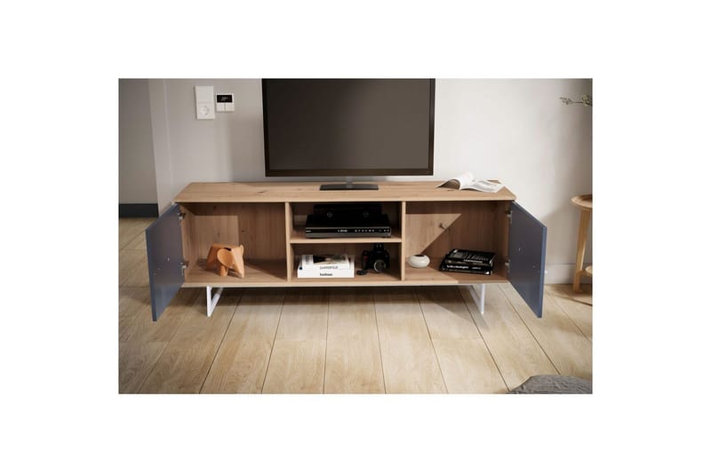 Lowboard Wohnling modernt spånskiva, 2 dörrar, förvaringsbrickor, metallben, modern stil Ek, Grå - Ek, Grå - Möbler - Tv möbel & mediamöbel - TV skåp