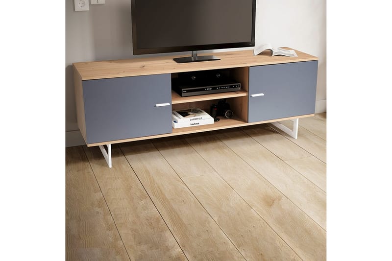Lowboard Wohnling modernt spånskiva, 2 dörrar, förvaringsbrickor, metallben, modern stil Ek, Grå - Ek, Grå - Möbler - Tv möbel & mediamöbel - TV skåp
