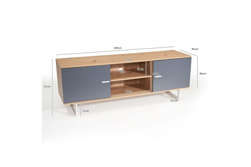 Lowboard Wohnling modernt spånskiva, 2 dörrar, förvaringsbrickor, metallben, modern stil Ek, Grå - Ek, Grå - Möbler - Tv möbel & mediamöbel - TV skåp