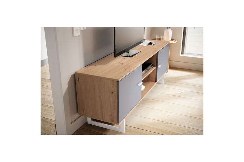 Lowboard Wohnling modernt spånskiva, 2 dörrar, förvaringsbrickor, metallben, modern stil Ek, Grå - Ek, Grå - Möbler - Tv möbel & mediamöbel - TV skåp