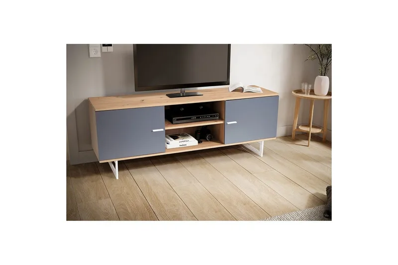 Lowboard Wohnling modernt spånskiva, 2 dörrar, förvaringsbrickor, metallben, modern stil Ek, Grå - Ek, Grå - Möbler - Tv möbel & mediamöbel - TV skåp
