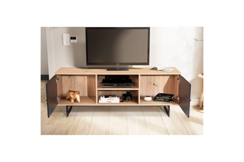 Lowboard Wohnling modernt spånskiva, 2 dörrar, förvaringsbrickor, metallben, modern stil Ek, Svart - Ek, Svart - Möbler - Tv möbel & mediamöbel - TV skåp