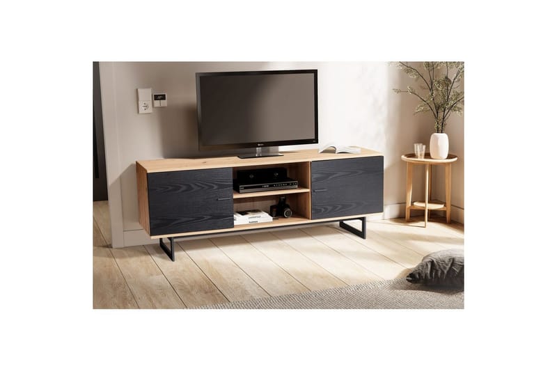 Lowboard Wohnling modernt spånskiva, 2 dörrar, förvaringsbrickor, metallben, modern stil Ek, Svart - Ek, Svart - Möbler - Tv möbel & mediamöbel - TV skåp