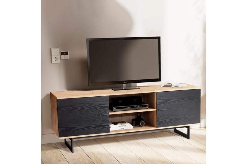 Lowboard Wohnling modernt spånskiva, 2 dörrar, förvaringsbrickor, metallben, modern stil Ek, Svart - Ek, Svart - Möbler - Tv möbel & mediamöbel - TV skåp