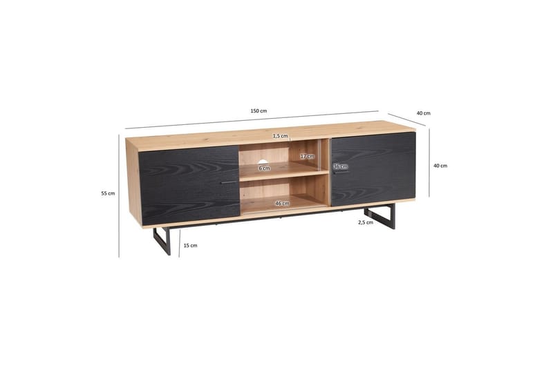 Lowboard Wohnling modernt spånskiva, 2 dörrar, förvaringsbrickor, metallben, modern stil Ek, Svart - Ek, Svart - Möbler - Tv möbel & mediamöbel - TV skåp