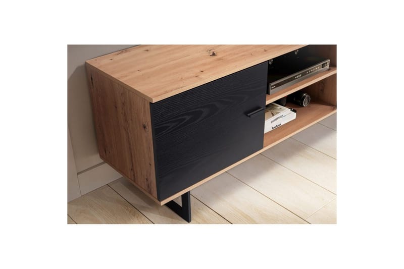 Lowboard Wohnling modernt spånskiva, 2 dörrar, förvaringsbrickor, metallben, modern stil Ek, Svart - Ek, Svart - Möbler - Tv möbel & mediamöbel - TV skåp