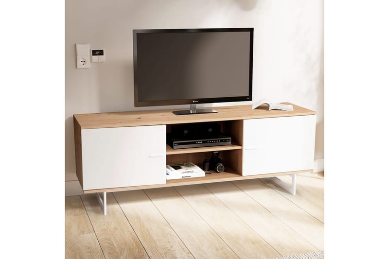Lowboard Wohnling modernt spånskiva, 2 dörrar, förvaringsbrickor, metallben, modern stil Ek, Vit - Ek, Vit - Möbler - Tv möbel & mediamöbel - TV skåp