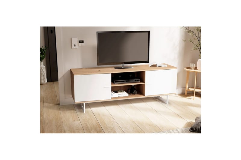 Lowboard Wohnling modernt spånskiva, 2 dörrar, förvaringsbrickor, metallben, modern stil Ek, Vit - Ek, Vit - Möbler - Tv möbel & mediamöbel - TV skåp