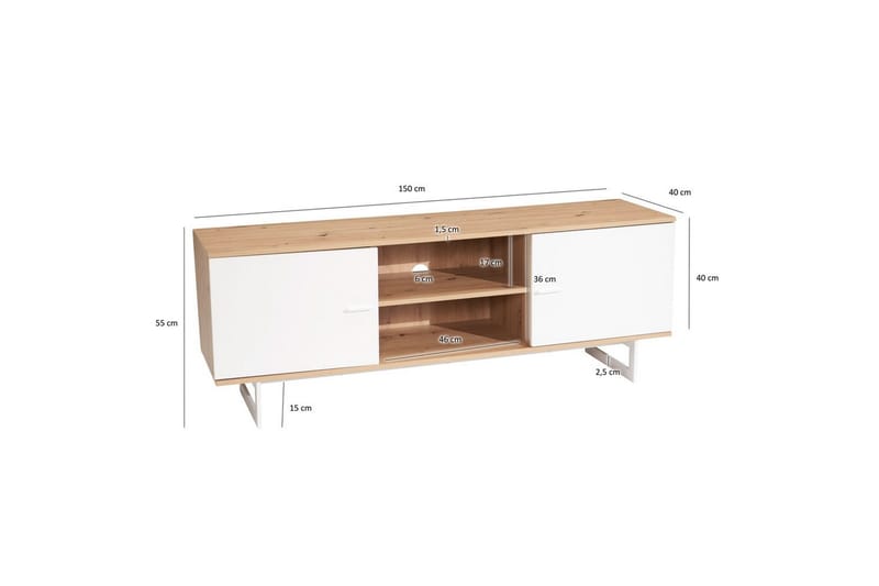 Lowboard Wohnling modernt spånskiva, 2 dörrar, förvaringsbrickor, metallben, modern stil Ek, Vit - Ek, Vit - Möbler - Tv möbel & mediamöbel - TV skåp
