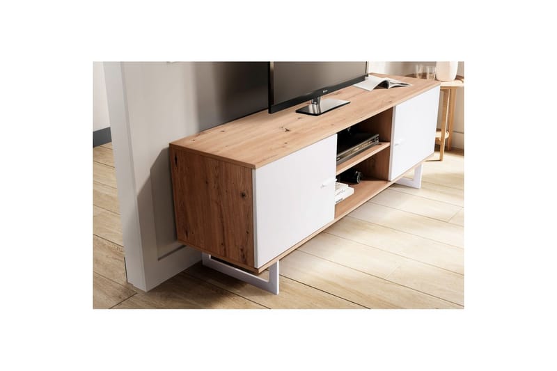 Lowboard Wohnling modernt spånskiva, 2 dörrar, förvaringsbrickor, metallben, modern stil Ek, Vit - Ek, Vit - Möbler - Tv möbel & mediamöbel - TV skåp
