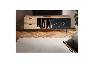 Lowboard Wohnling modernt spånskiva, 2 lådor, 1 dörr, förvaringsbrickor, metallben, modern stil Ek, Marmor, Svart - Ek, Marmor, Svart - Möbler - Tv möbel & mediamöbel - TV bänk & mediabänk