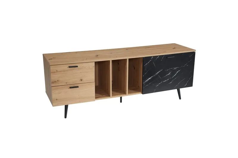 Lowboard Wohnling modernt spånskiva, 2 lådor, 1 dörr, förvaringsbrickor, metallben, modern stil Ek, Marmor, Svart - Ek, Marmor, Svart - Möbler - Tv möbel & mediamöbel - TV bänk & mediabänk