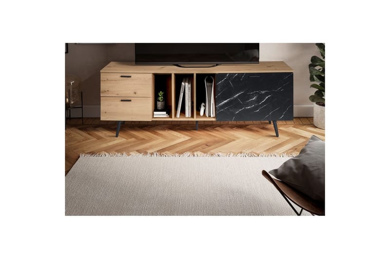 Lowboard Wohnling modernt spånskiva, 2 lådor, 1 dörr, förvaringsbrickor, metallben, modern stil Ek, Marmor, Svart - Ek, Marmor, Svart - Möbler - Tv möbel & mediamöbel - Mediastativ & väggfäste