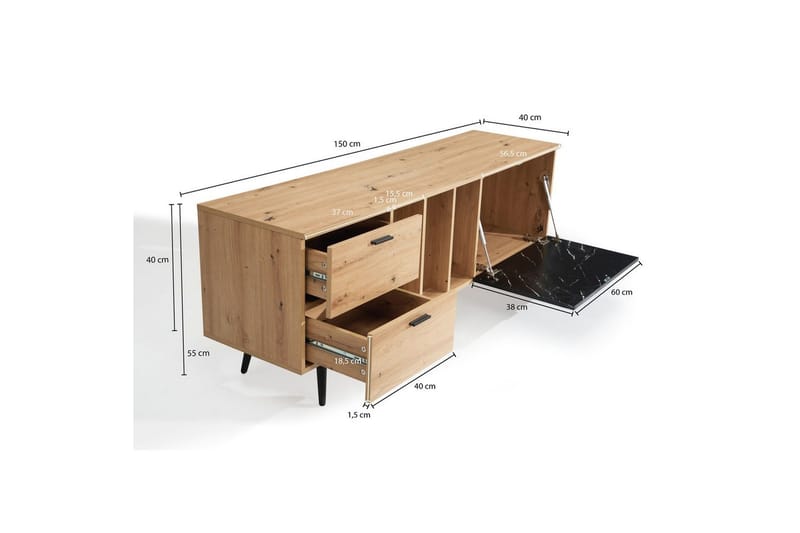 Lowboard Wohnling modernt spånskiva, 2 lådor, 1 dörr, förvaringsbrickor, metallben, modern stil Ek, Marmor, Svart - Ek, Marmor, Svart - Möbler - Tv möbel & mediamöbel - Mediastativ & väggfäste