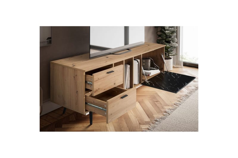Lowboard Wohnling modernt spånskiva, 2 lådor, 1 dörr, förvaringsbrickor, metallben, modern stil Ek, Marmor, Svart - Ek, Marmor, Svart - Möbler - Tv möbel & mediamöbel - Mediastativ & väggfäste
