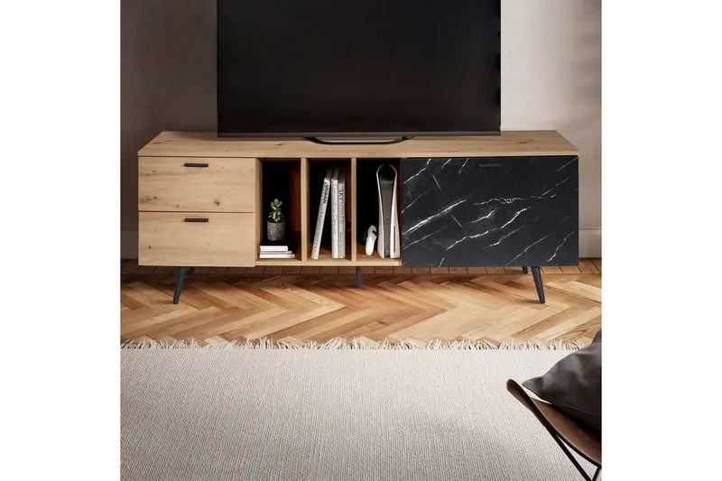 Lowboard Wohnling modernt spånskiva, 2 lådor, 1 dörr, förvaringsbrickor, metallben, modern stil Ek, Marmor, Svart - Ek, Marmor, Svart - Möbler - Tv möbel & mediamöbel - TV bänk & mediabänk