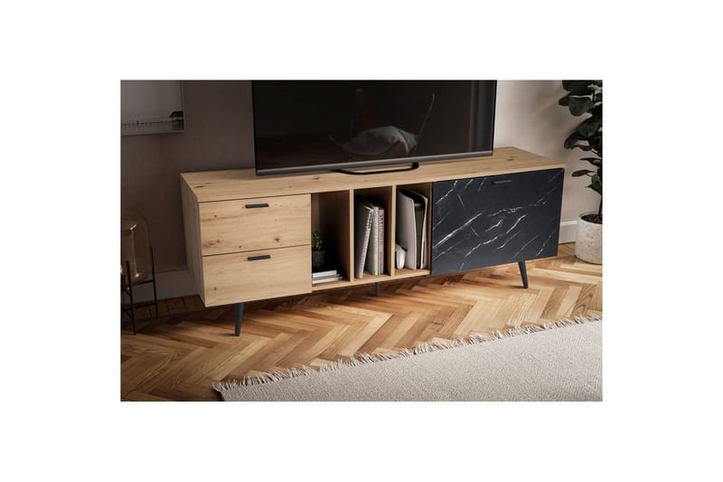 Lowboard Wohnling modernt spånskiva, 2 lådor, 1 dörr, förvaringsbrickor, metallben, modern stil Ek, Marmor, Svart - Ek, Marmor, Svart - Möbler - Tv möbel & mediamöbel - TV bänk & mediabänk