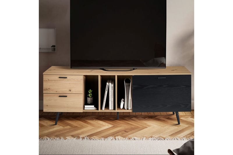 Lowboard Wohnling modernt spånskiva, 2 lådor, 1 dörr, förvaringsbrickor, metallben, modern stil Ek - Ek - Möbler - Tv möbel & mediamöbel - Mediastativ & väggfäste