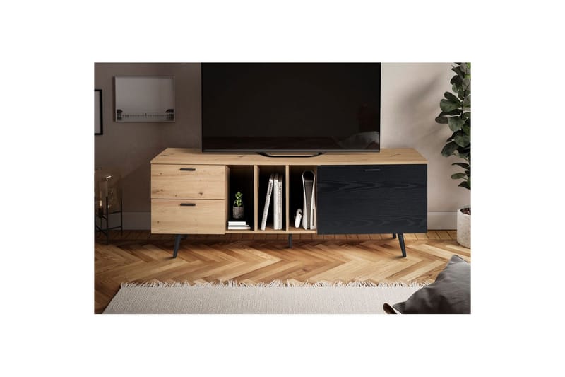 Lowboard Wohnling modernt spånskiva, 2 lådor, 1 dörr, förvaringsbrickor, metallben, modern stil Ek - Ek - Möbler - Tv möbel & mediamöbel - Mediastativ & väggfäste