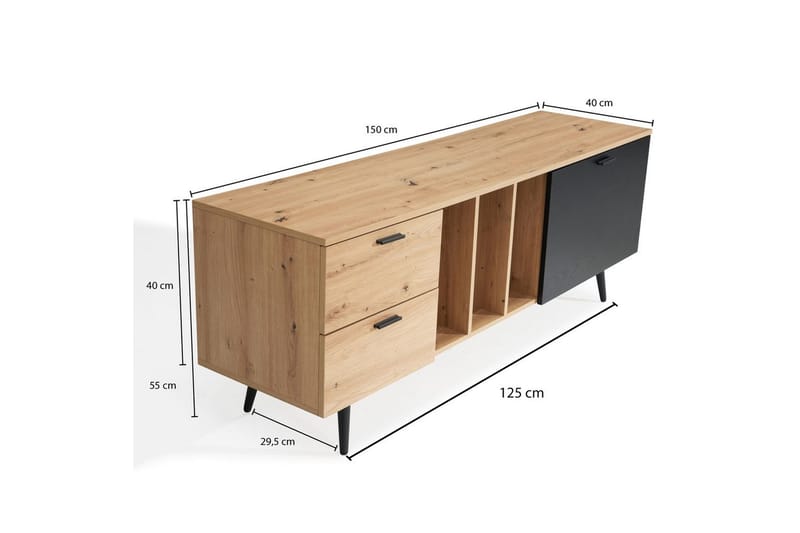 Lowboard Wohnling modernt spånskiva, 2 lådor, 1 dörr, förvaringsbrickor, metallben, modern stil Ek - Ek - Möbler - Tv möbel & mediamöbel - Mediastativ & väggfäste