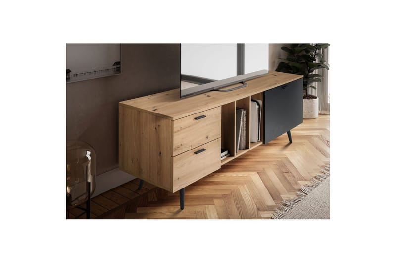 Lowboard Wohnling modernt spånskiva, 2 lådor, 1 dörr, förvaringsbrickor, metallben, modern stil Ek - Ek - Möbler - Tv möbel & mediamöbel - Mediastativ & väggfäste