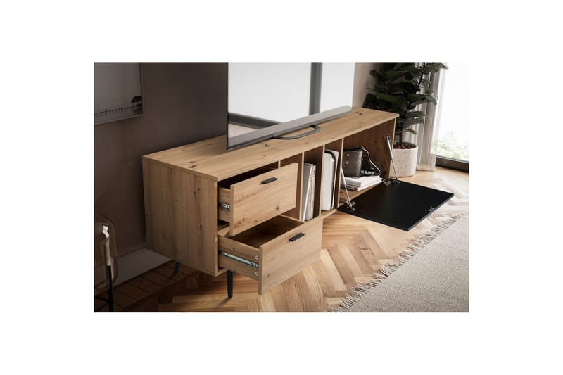 Lowboard Wohnling modernt spånskiva, 2 lådor, 1 dörr, förvaringsbrickor, metallben, modern stil Ek - Ek - Möbler - Tv möbel & mediamöbel - Mediastativ & väggfäste