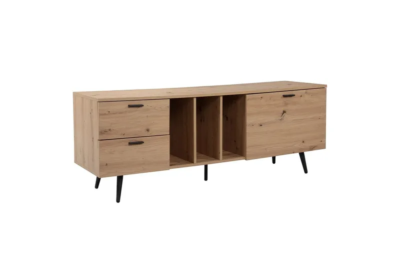 Lowboard Wohnling modernt spånskiva, 2 lådor, 1 dörr, förvaringsbrickor, metallben, modern stil Svart, Ek - Svart, Ek - Möbler - Tv möbel & mediamöbel - TV bänk & mediabänk