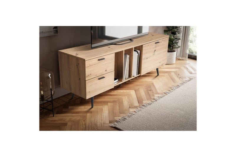 Lowboard Wohnling modernt spånskiva, 2 lådor, 1 dörr, förvaringsbrickor, metallben, modern stil Svart, Ek - Svart, Ek - Möbler - Tv möbel & mediamöbel - TV bänk & mediabänk