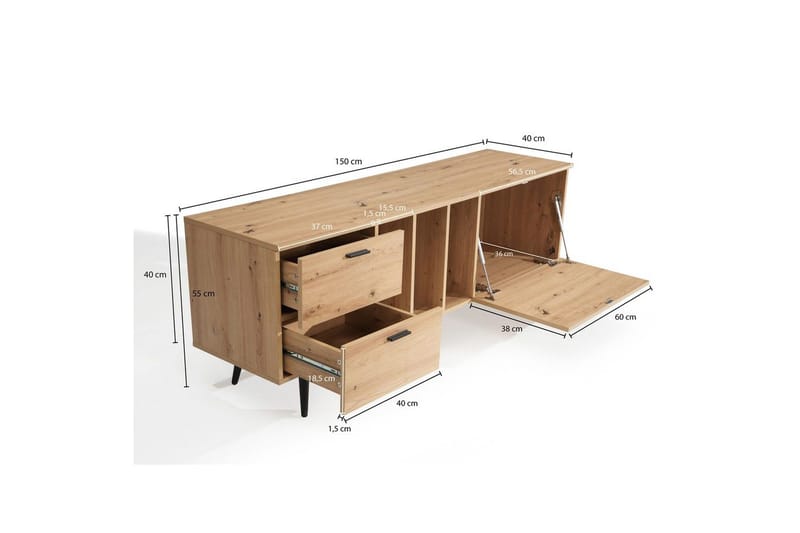 Lowboard Wohnling modernt spånskiva, 2 lådor, 1 dörr, förvaringsbrickor, metallben, modern stil Svart, Ek - Svart, Ek - Möbler - Tv möbel & mediamöbel - TV bänk & mediabänk