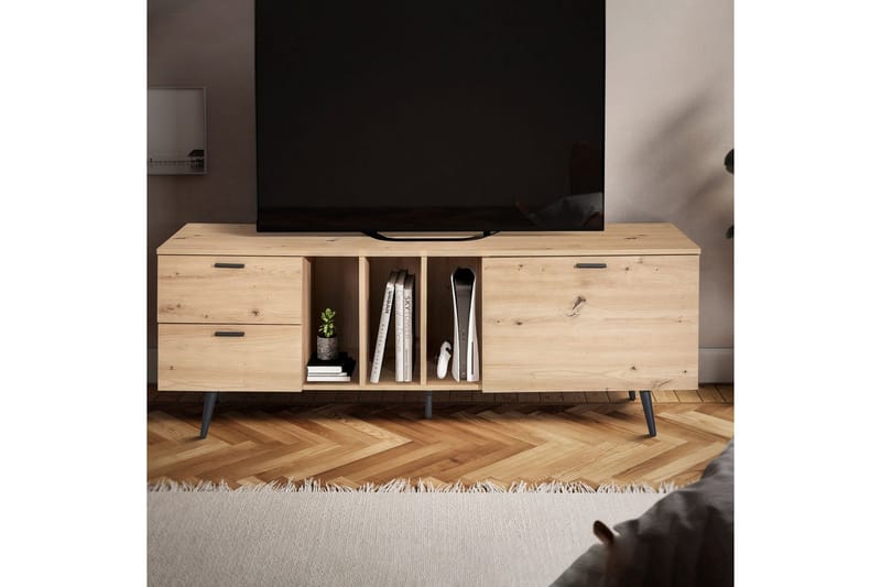 Lowboard Wohnling modernt spånskiva, 2 lådor, 1 dörr, förvaringsbrickor, metallben, modern stil Svart, Ek - Svart, Ek - Möbler - Tv möbel & mediamöbel - Mediastativ & väggfäste