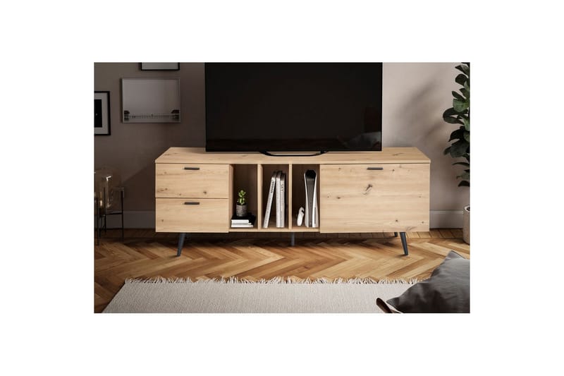 Lowboard Wohnling modernt spånskiva, 2 lådor, 1 dörr, förvaringsbrickor, metallben, modern stil Svart, Ek - Svart, Ek - Möbler - Tv möbel & mediamöbel - Mediastativ & väggfäste