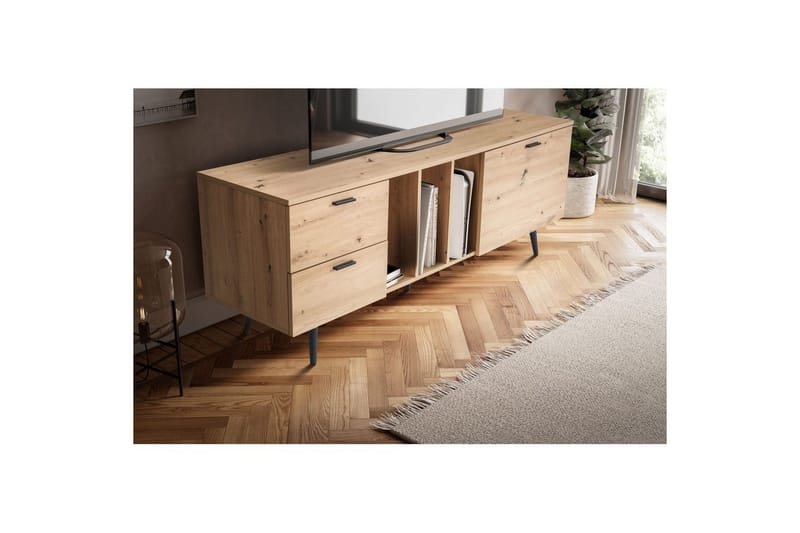 Lowboard Wohnling modernt spånskiva, 2 lådor, 1 dörr, förvaringsbrickor, metallben, modern stil Svart, Ek - Svart, Ek - Möbler - Tv möbel & mediamöbel - Mediastativ & väggfäste